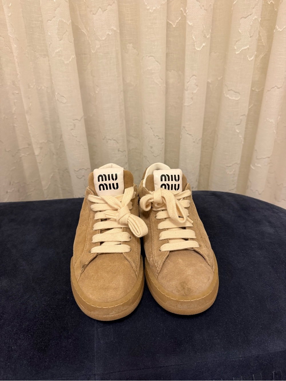 Miu Miu Beige Suede Low-Top Sneakers with Cream Laces